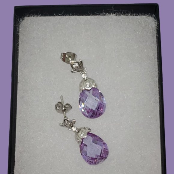 Simulated Amethyst Silver Dangle/Drop Earrings - Picture 1 of 8
